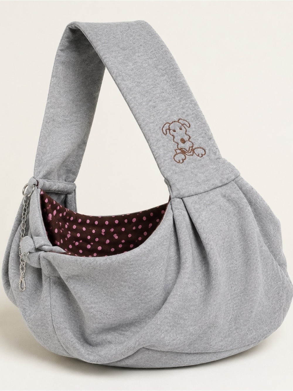 Gray Slouch Shoulder Bag with Polka Dot Lining